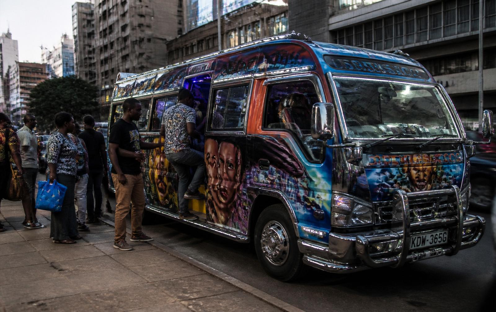 Colourful Kenyan matatu on a Nairobi road